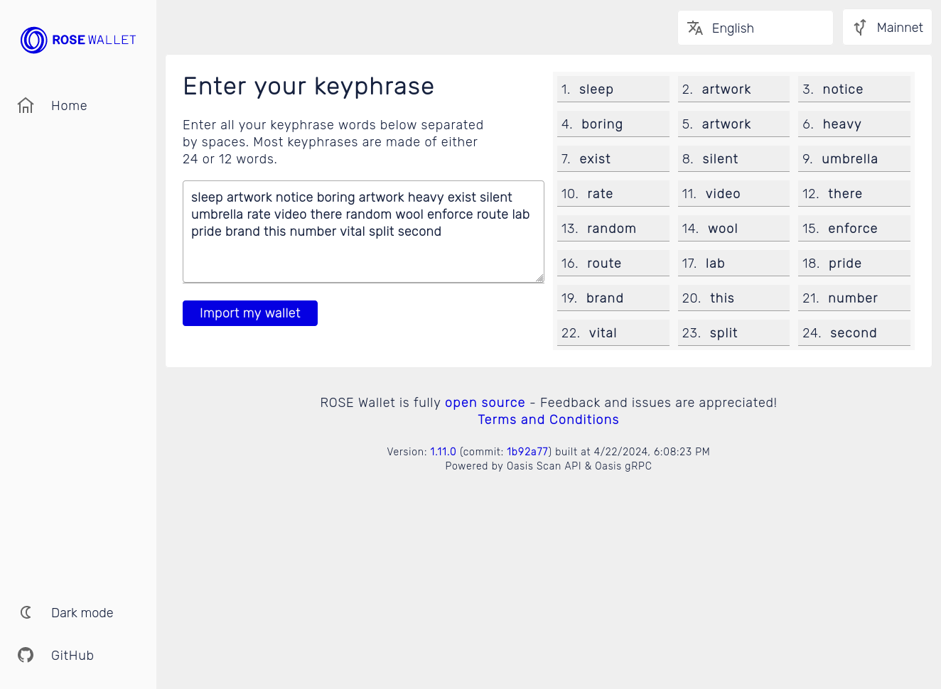 Open Wallet via Mnemonic